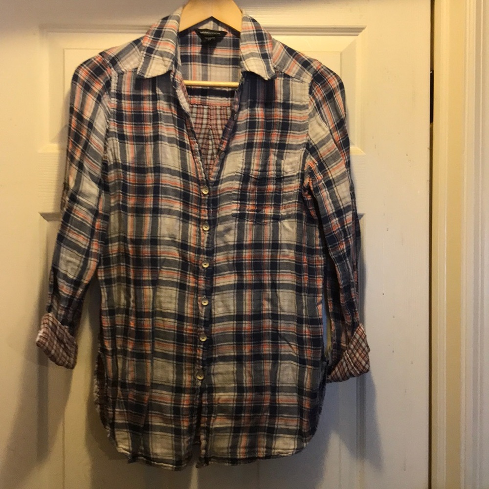 Blue, white, and red/orange flannel top